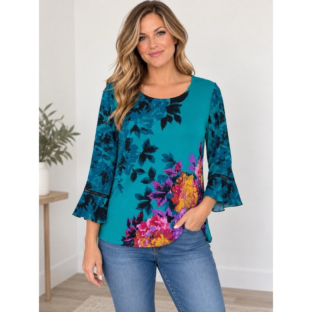 Susan Graver Top Womens Teal Floral Liquid Knit 3/4 Sleeve Tunic Size Small